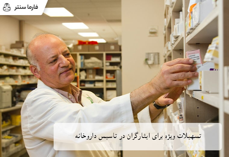 تصویر یک داروخانه با نمادی از حمایت و تسهیلات، نشاندهنده مزایای خاص برای تاسیس داروخانه برای ایثارگران